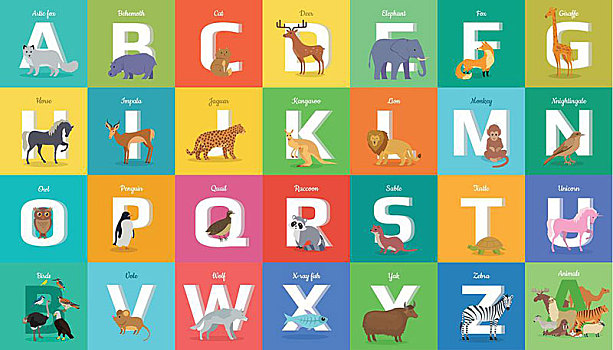 动物,字母,文字,多样,站立,坐,靠近,学习,图表,插画,名字,矢量,动物园,卡通