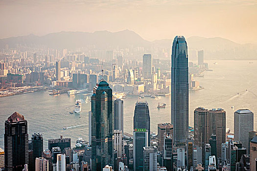 摩天大楼,中心,香港,风景,太平山,早晨,香港岛,中国,亚洲