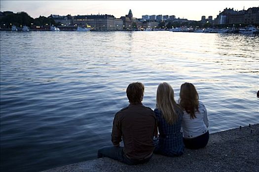 三个,朋友,坐,斯德哥尔摩,瑞典