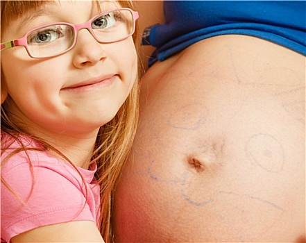 孕妇,女儿,绘画,腹部