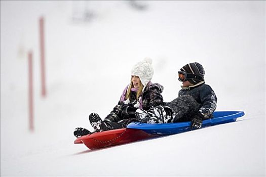 女孩,兄弟,雪橇运动