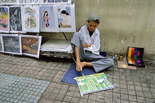 越南,胡志明市,残障,艺术家,人行道,绘画,脚