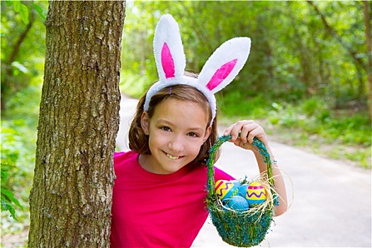 复活节,女孩,蛋,篮子,有趣,兔子,脸