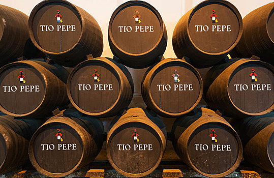 一堆,橡木桶,著名,雪利酒,葡萄酒厂,酒栈,卡迪兹,安达卢西亚,西班牙,欧洲