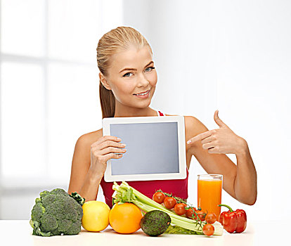 健身,节食,科技,健康,概念,运动,女人,果蔬,指点,平板电脑