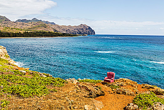 风景,红色,扶手椅,悬崖,边缘,坡伊普,考艾岛,夏威夷,美国