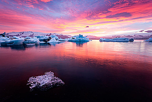 冰山,冰,大块,日落,杰古沙龙湖,冰河,泻湖,冰岛