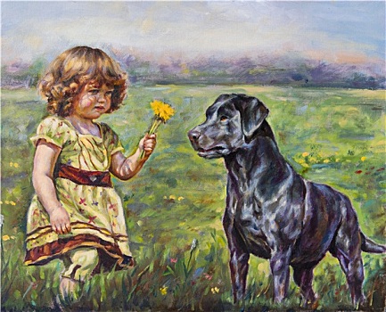 油画,帆布,女孩,小,花,狗