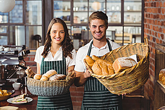 微笑,同事,拿着,面包,篮子,头像,咖啡馆