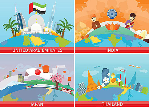 日本,泰国,印度,阿联酋,旅行,广告,旗帜,地标建筑,亚洲,景点,照片,矢量,插画