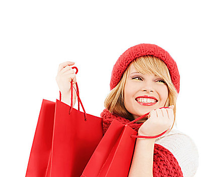 高兴,寒假,圣诞节,人,概念,微笑,少妇,帽子,围巾,红色,购物袋,上方,白色背景
