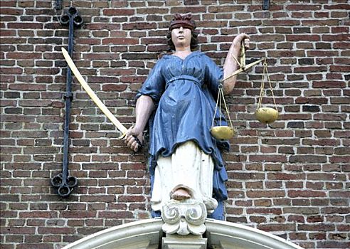 执法,雕塑,正面,老市政厅,弗里斯兰省,荷兰,欧洲