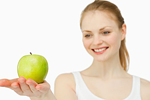 女人,微笑,展示,苹果,白色背景