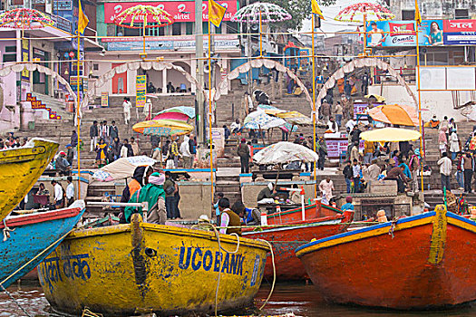 印度,北方邦,瓦拉纳西,小船,捆绑,恒河,河