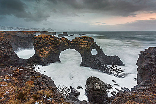 岩石构造,风暴,海洋,斯奈山半岛,冰岛
