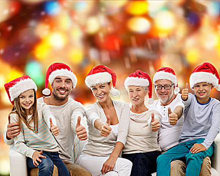 家庭,手势,休假,人,概念,幸福之家,圣诞老人,帽子,展示,竖大拇指,上方,红灯,背景