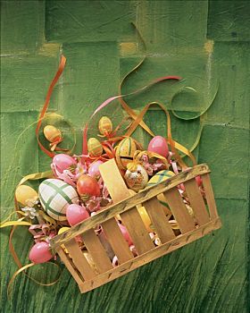 复活节彩蛋,装饰,篮子,绿色背景