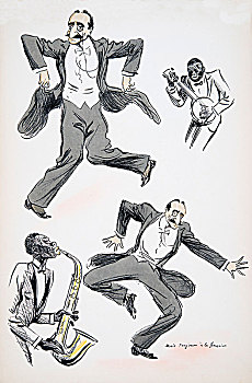 男性,白色,尾部,跳舞,两个,音乐人,玩,萨克斯管,班卓琴