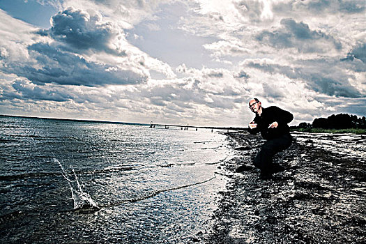 男人,投掷,石头,海洋,湾,丹麦