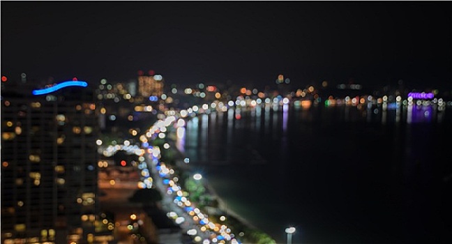 模糊,城市灯光,海滩,光亮,夜晚