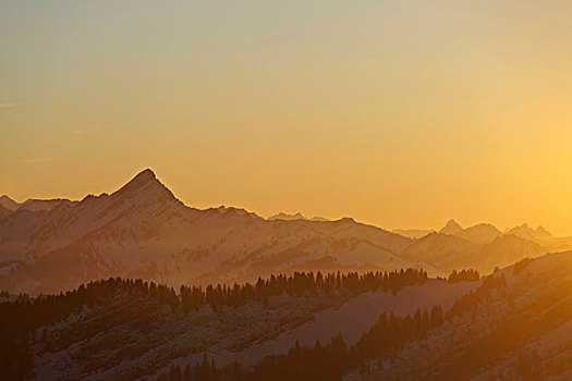 日落,上方,瑞士,阿尔卑斯山,风景,科隆博格,山,阿彭策尔,欧洲