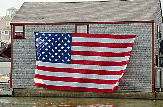 马萨诸塞,新英格兰,楠塔基特岛,大,旗帜,侧面,船库