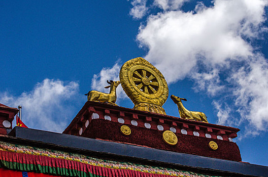 中国西藏自治区大昭寺屋顶上的金色法轮