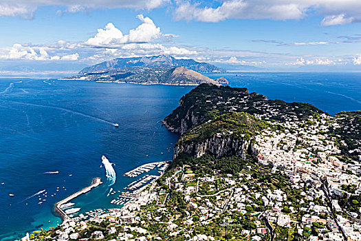 俯视图,卡普里岛,港口,索伦托,半岛,背景,伊特鲁里亚海,那不勒斯湾,坎帕尼亚区,意大利