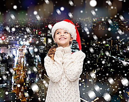 圣诞节,休假,孩子,人,概念,微笑,女孩,圣诞老人,帽子,上方,雪,夜晚,城市,背景