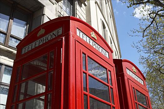 两个,红色,传统,电话亭,标签,电话,伦敦,英国