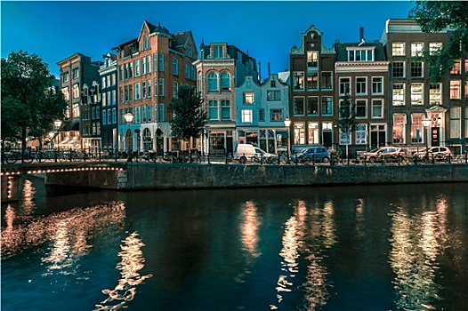 夜晚,阿姆斯特丹,运河,荷兰人,房子