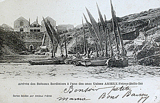 法国,布列塔尼半岛,莫尔比昂省,古老,明信片,渔船