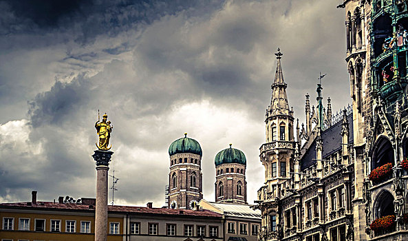 慕尼黑,玛利亚广场,市政厅,圣母教堂,女人,大教堂,我们,女士,柱子