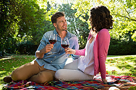 情侣,互动,相互,葡萄酒杯,公园,晴天