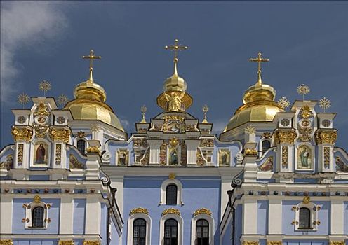 乌克兰,基辅,金色,圆顶,寺院,阳光,壁画,蓝天,2004年