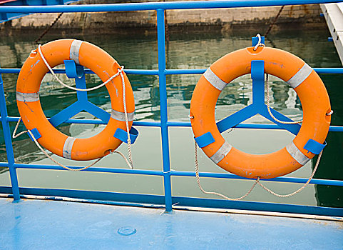 两个,橙色,安全,漂浮,码头