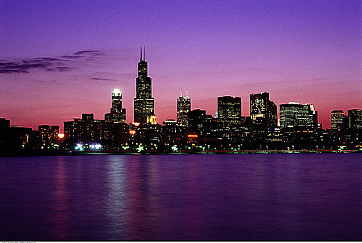 城市天际线,夜晚,芝加哥,伊利诺斯,美国