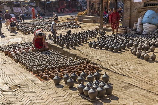 人,工作,手工制作,陶器,十二月,巴克塔普尔,加德满都山谷,尼泊尔
