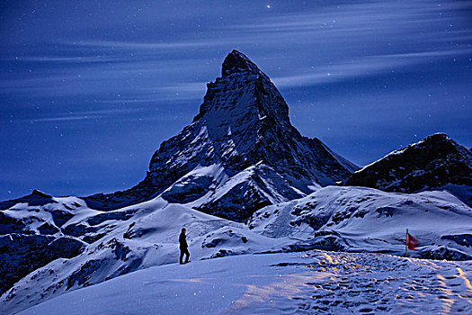 一个人,走,雪,山地,风景,月光,反射