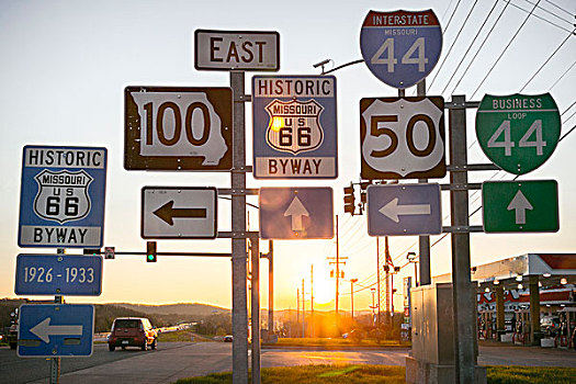 路标,日落,太平洋,密苏里,美国,66号公路