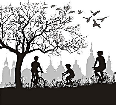 家庭,自行车,旅游,室外,城镇