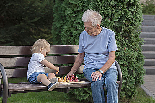 老人,玩,下棋,孙女,公园长椅,树