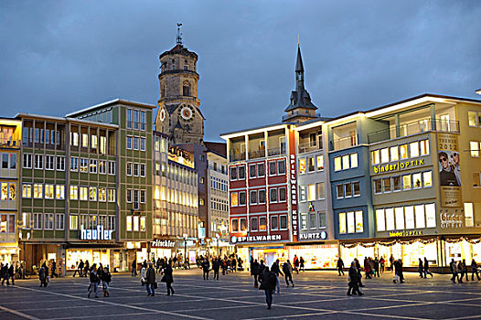 马尔克特广场,市政厅,蓝色,钟点,冬天,尖顶,教区教堂,后面,斯图加特,巴登符腾堡,德国,欧洲