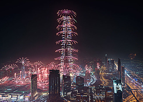 城市,迪拜,阿联酋,夜晚,烟花,光亮,摩天大楼