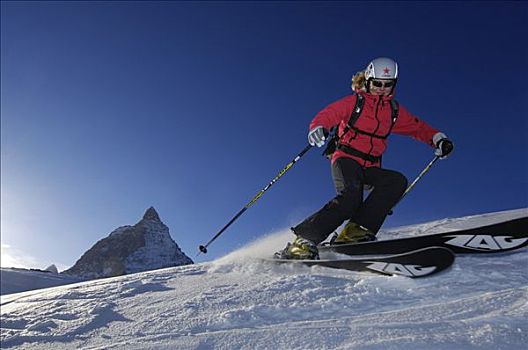 偏僻,滑雪者,自由滑行者,滑雪,滑雪区,正面,马塔角,山,策马特峰,瓦莱,沃利斯,瑞士,欧洲
