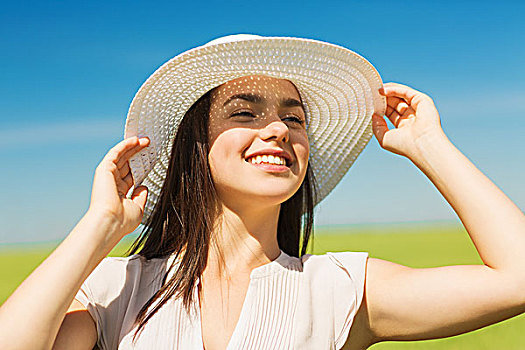 高兴,自然,夏天,度假,人,概念,微笑,少妇,戴着,草帽