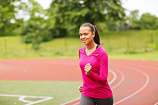 健身,运动,训练,生活,概念,微笑,美国黑人,女性,跑,赛道,户外