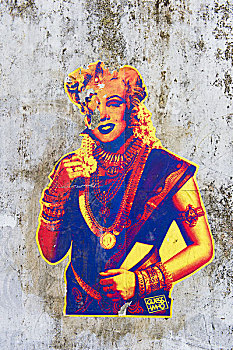 玛丽莲-梦露,穿,印度,纱丽,序列,猜,未知,艺术家,涂鸦,墙壁,高知,国际,艺术,展示,当代艺术,喀拉拉,亚洲