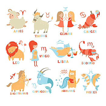 有趣,黄道十二宫,彩色,矢量,插画,隔绝,白色背景,背景