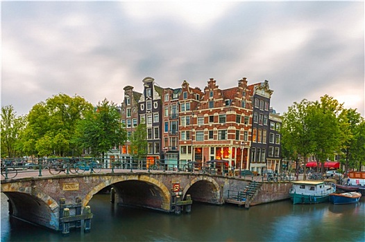 黃昏,城市风光,阿姆斯特丹,运河,桥